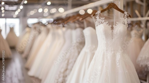 Exquisite white bridal dresses on hangers in boutique salon for elegant wedding gown selection