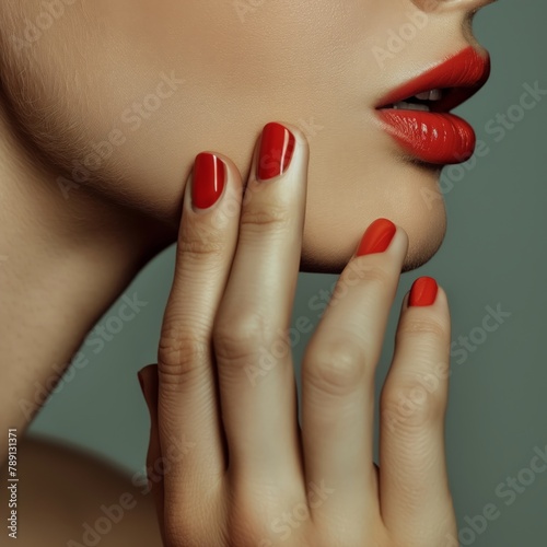 Close-up shot capturing vivid red manicure and lips  symbolizing beauty and glamour.