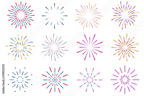 PNG, Set of colorful fireworks. Festive explosion of fireworks with stars and sparks. Party, festival, feasts, multi-colored sky, explosion stars. Celebrations birthday or Christmas. Vector illustrati