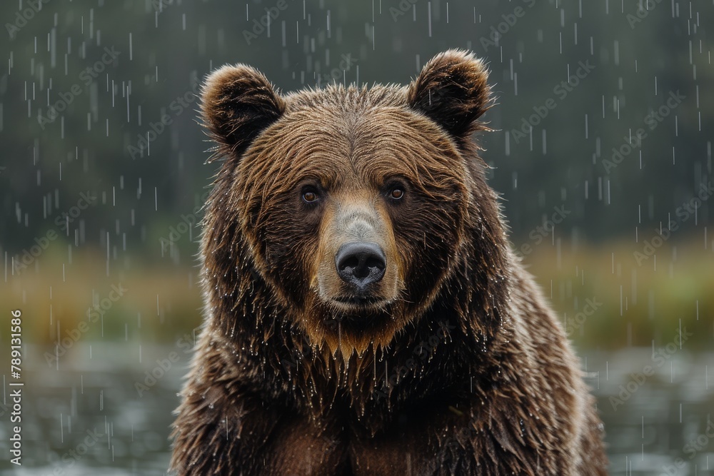 Stunning detailed close-up of a wet brown bear's face, showcasing its fur texture amidst a rainy backdrop