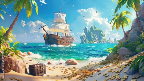 Modern cartoon seascape with sail boat after shipwreck on uninhabited island with gold coins, palm trees, and a treasure chest on tropical island with broken pirate ships. photo