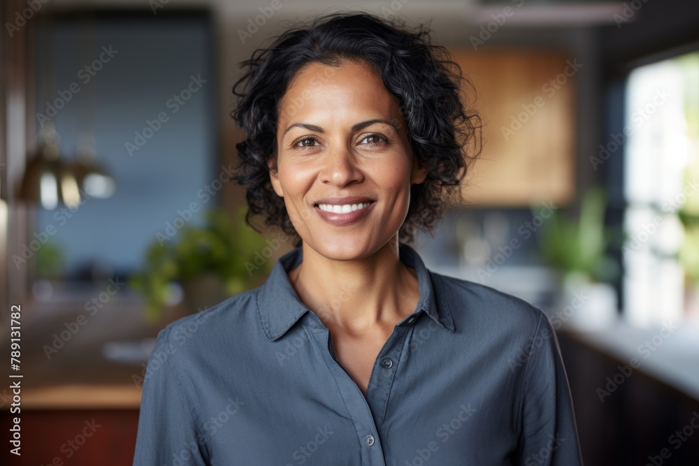 Portrait of a smiling indian woman in her 40s donning a classy polo shirt on scandinavian-style interior background Portrait of a smiling indian woman in her 40s donning a classy polo shirt on scandinavian-style interior background