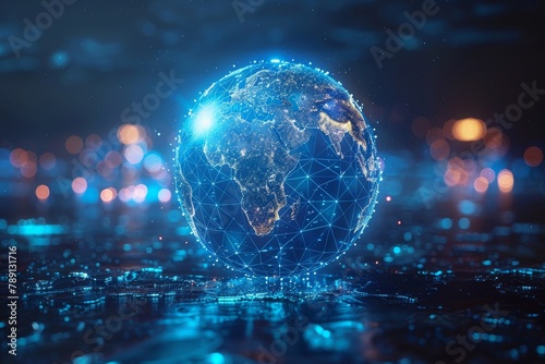 A high-resolution image showcasing a digital globe with a dynamic futuristic interface against a bokeh light background