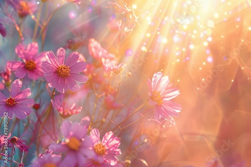 Vibrant Sunlight Glorifying Cosmos Cluster: A Close-Up Shot of Resplendent Bloom and Ethereal Radiance