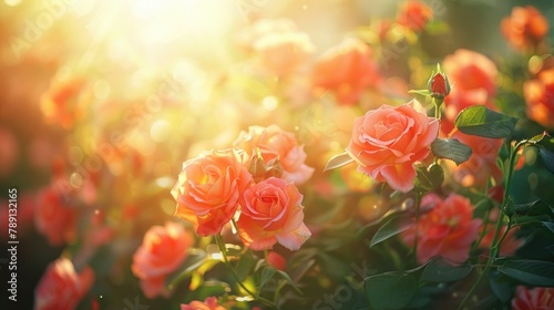 Vibrant Sunlight Glowing on a Dense Cluster of Roses A Closeup Showcase of Natures Ethereal Beauty