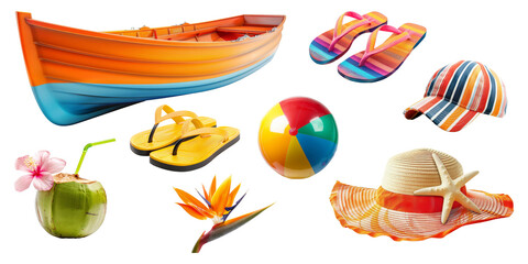 Set of Summer accessories elements for holiday vacation isolated on background, Beach items for swimming and relax, beach ball, seashell, hat and other.