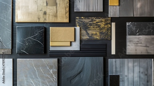 Flat lay composition of creative architect moodboard with samples of wood textile paint wallpaper and tiles Natural materials Black gold and light gray color palette : Generative AI