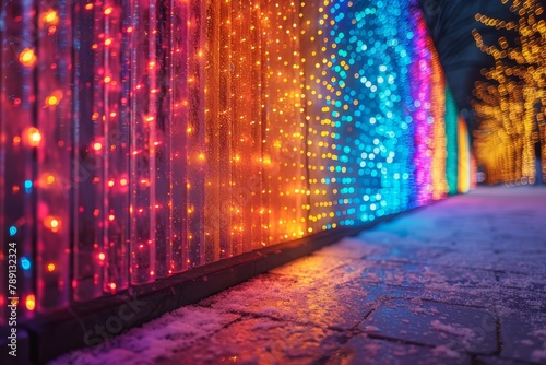A magical perspective of a city pathway illuminated with vibrant, glowing festive lights and reflected on wet ground