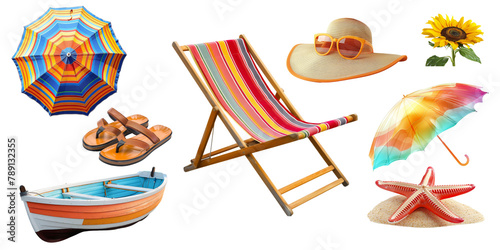 Set of Summer accessories elements for holiday vacation isolated on background, Beach items for swimming and relax, beach ball, seashell, hat and other.