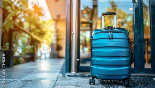 Travel suitcase positioned at the hotel entrance to greet and accommodate incoming guests