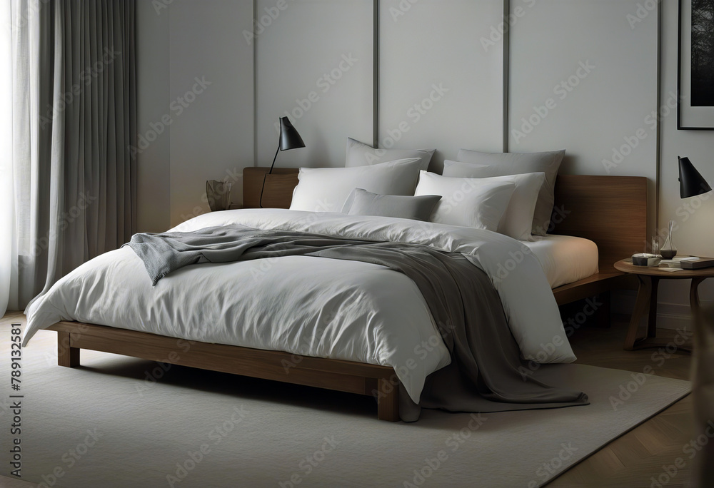white that champions shades cotton design rest understated bed dressed solitude Flanking minimalist organic bedroom gray are Venture linens platform bedchamber interior room hotel home
