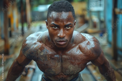 Excluding the face, the photo focuses on the rippling muscles and shining sweat on the back of an athlete, suggesting strength and determination © Larisa AI
