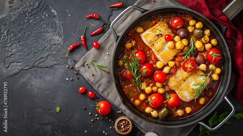 Cod stew with chickpeas cherry tomatoes and olives in cooking pan over dark stone background Top view flat lay : Generative AI