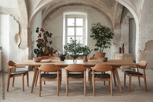 Minimalist scandinavian dining room white walls, wooden furniture, modern chairs, and plants