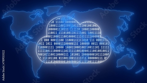 Data cloud with random letters of binary code over world map background - global network cloud technology concept - 3D Illustration