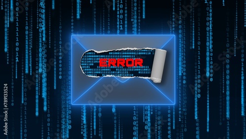 HACKED lettering in ripped cutout of symbolic email envelope over background with random hanging rows of binary code - web security concept - 3D Illustration
