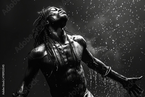 African man with long hair, dancing in the rain, wet skin, black and white photography, dark background, hyper realistic, cinematic light, epic scene, high contrast