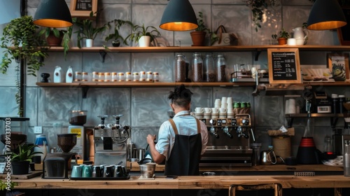 Barista setting up a coffee shop counter, early morning preparation, clean lines.