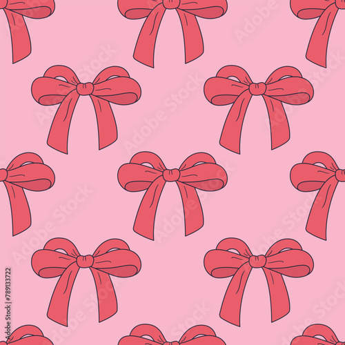 Seamless vector pattern with cute coquette bows. Balletcore background with red ribbons. Hand drawn silk tape accessory. Girly texture for wallpaper, wrapping paper, textile design 