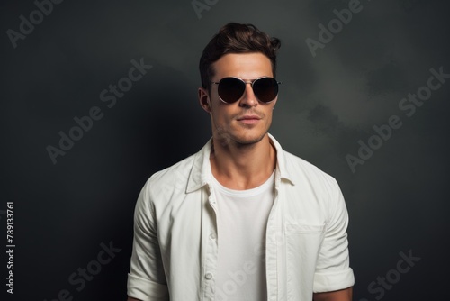 Portrait of a tender man in his 30s wearing a trendy sunglasses in front of blank studio backdrop