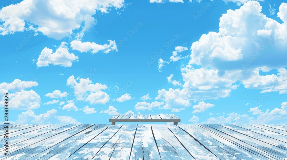 wooden terrace with beautiful view blue sky and cloud, copy space for display of product or object presentation and advertisement concept