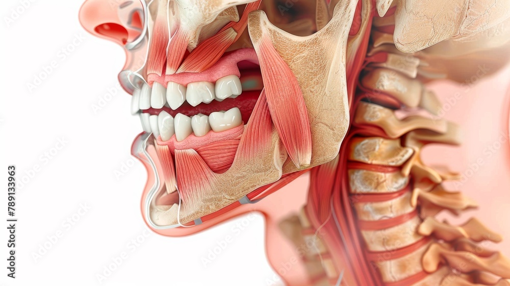 Closeup of a clenched jaw and tightened neck muscles indicating severe