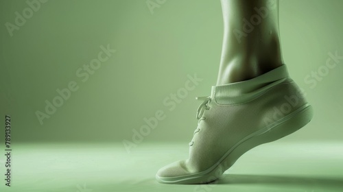 Close view of a twisted ankle swelling, on a minimalist green background, hyper-realistic style.