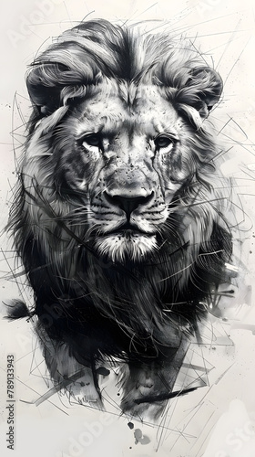 Majestic Black and White Sketch of a Lion With Intense Gaze and Detailed Mane