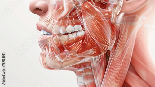 Close-up of a clenched jaw and tightened neck muscles indicating severe toothache, against a plain white background, styled as a high-definition medical illustration.