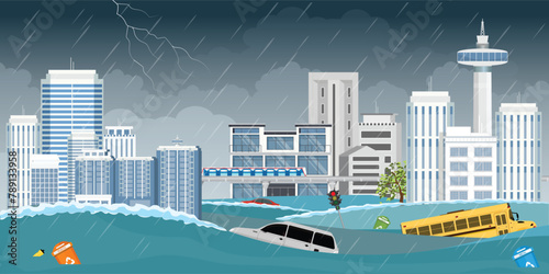 City flood flooding water in city street.