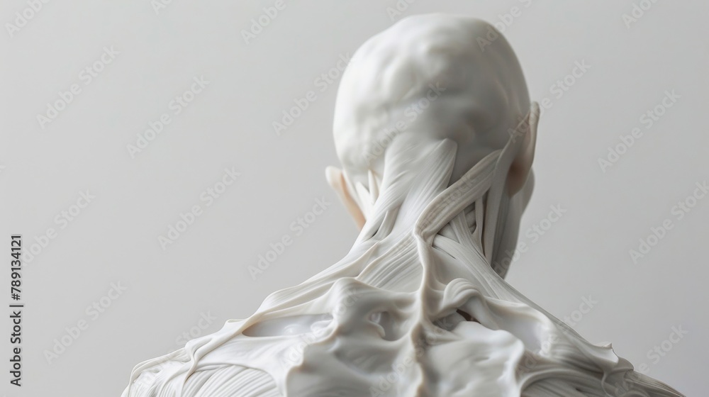 Close-up of a tensed upper back with noticeable stress knots, on a minimalist light gray background. Close-up of a tensed upper back with noticeable stress knots, on a minimalist light gray background.