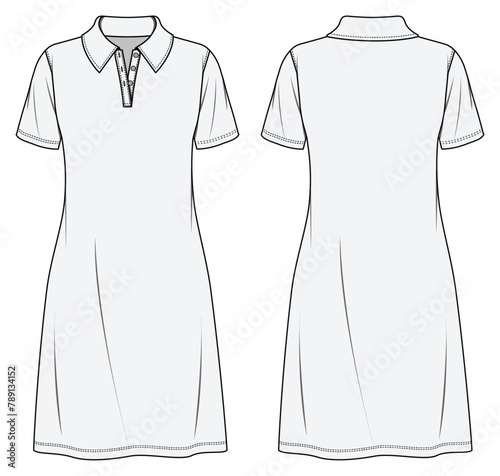 Women’s  Dress, Polo dress, Front and Back View Vector Fashion Illustration , CAD, Technical Drawing, Flat Drawing.