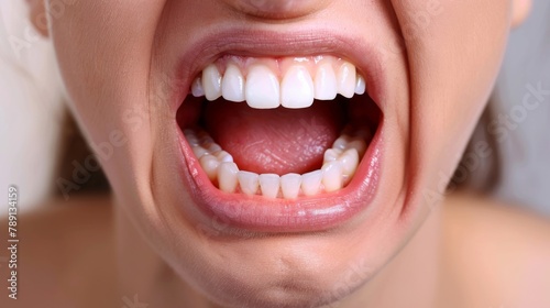 Close-up of clenched teeth and grimacing mouth showing dental pain, with a simple, uncluttered background. photo