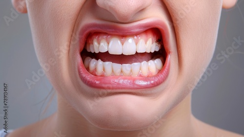 Close-up of clenched teeth and grimacing mouth showing dental pain, with a simple, uncluttered background.