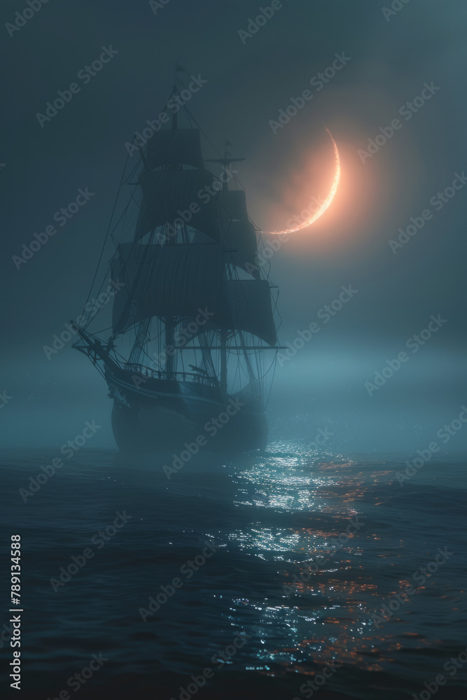 A ghostly ship silently sailing under a crescent moon, embarking on The Silent Voyage to Avalar across a misty sea.