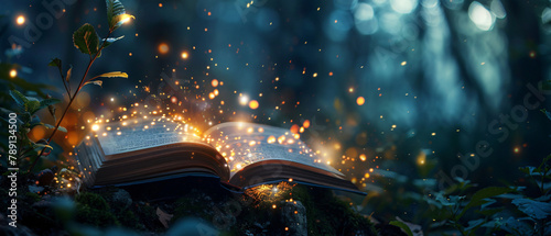 Magic Book With Open Pages And Abstract Lights Shining