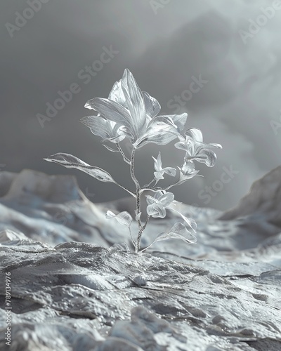 On Neptunes icy surface, a starseed germinates, sprouting flowers in hues unseen, a symbol of fresh hope and cosmic exploration, captured in graphite,  photo