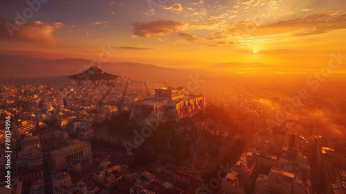 Aerial view of Athens, historic ruins and modern city, dawn © mogamju