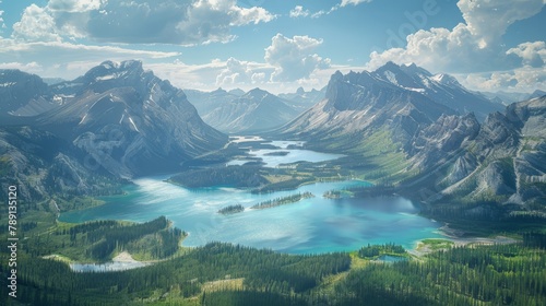 Aerial view of Banff National Park, turquoise lakes and rugged mountains
