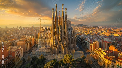 Aerial view of Barcelona with Sagrada Familia, urban tapestry photo