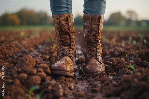 Close-up of dirty leather boots in a plowed field, capturing the essence of rural life and outdoor labour