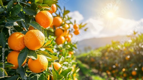 Close-up of oranges growing in an orange grove under bright sun and blue sky
