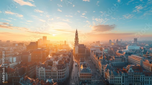 Aerial view of Brussels, Grand Place and urban spread, clear day photo