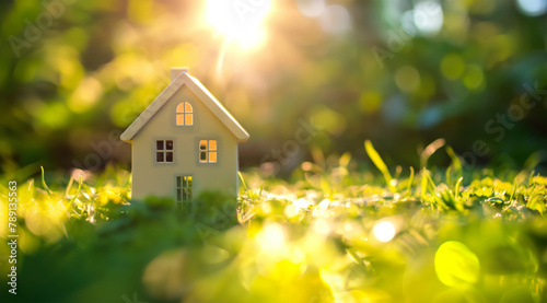 A small house model stands on the grass, the sun shines brightly in front of it. The photography uses a macro style with a soft focus effect 