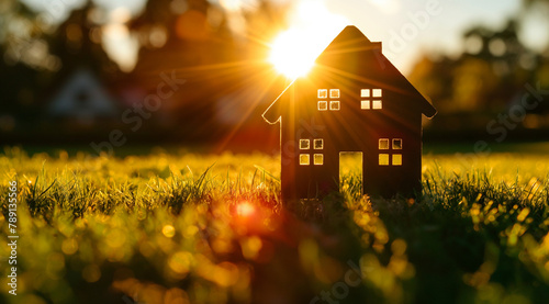 A small house model stands on the grass, the sun shines brightly in front of it. The photography uses a macro style with a soft focus effect 