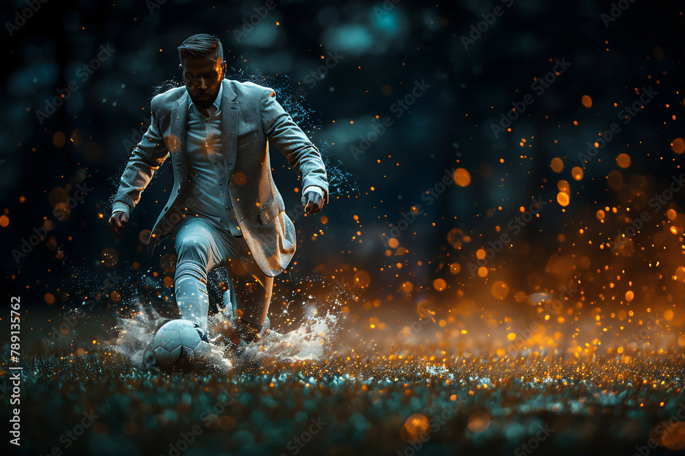 Fototapeta premium businessman in suit playing football on the field