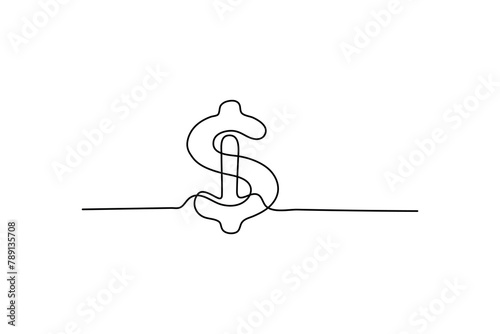 Dollar sign linear background, one solid line drawing of dollar sign. Vector illustration. Dollar symbol isolated on white background.