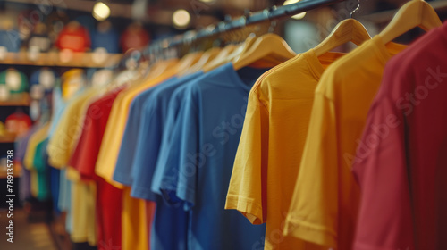 Colorful plain t-shirts displayed on hanger in blurred store interior, conveying variety and options for customers. © ChubbyCat