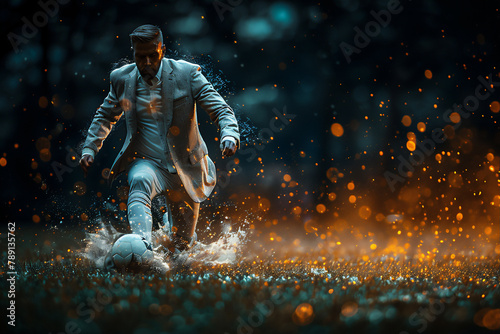 businessman in suit playing football on the field photo