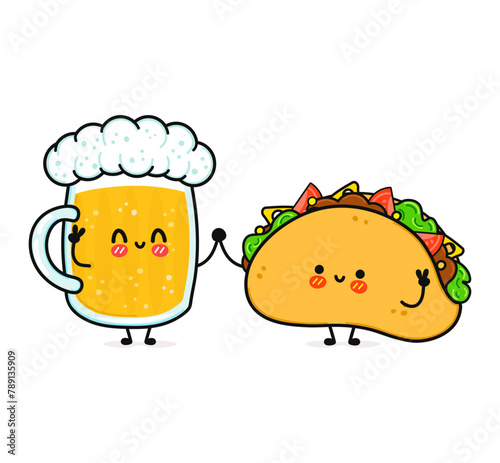 Cute, funny happy glass of beer and taco. Vector hand drawn cartoon kawaii characters, illustration icon. Funny cartoon glass of beer and taco mascot friends concept